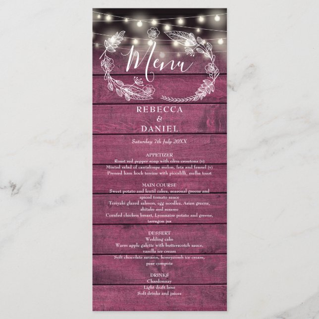 String Lights Floral Rustic Red Wood Wedding Menu (Front)