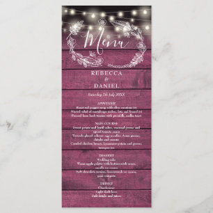 String Lights Floral Rustic Red Wood Wedding Menu