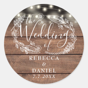 String Lights Floral Rustic Wood Wedding Classic Round Sticker