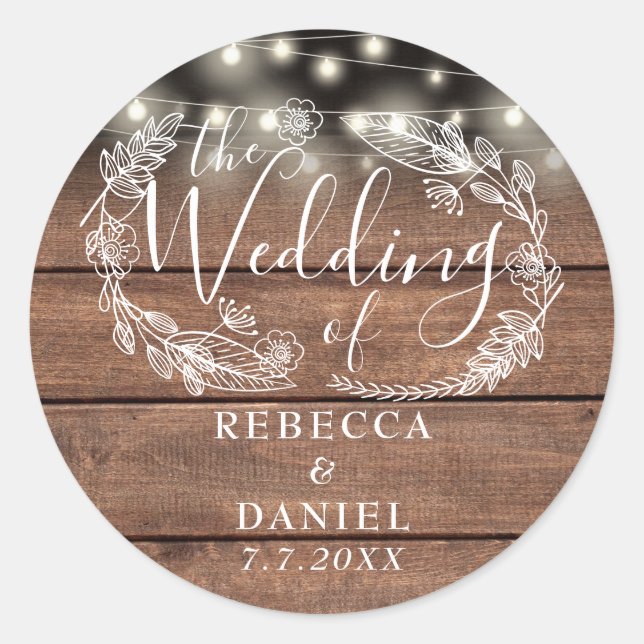 String Lights Floral Rustic Wood Wedding Classic Round Sticker (Front)