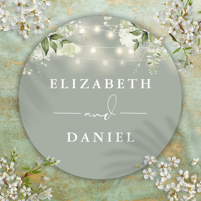 String Lights Floral Sage Green Wedding Favour Classic Round Sticker (String Lights Floral Sage Green Wedding Favor Classic Round Sticker)
