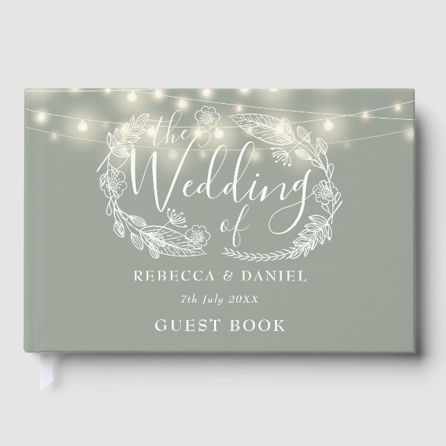 String Lights Floral Sage Green Wedding Guest Book (Front)