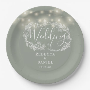 String Lights Floral Sage Green Wedding Paper Plate