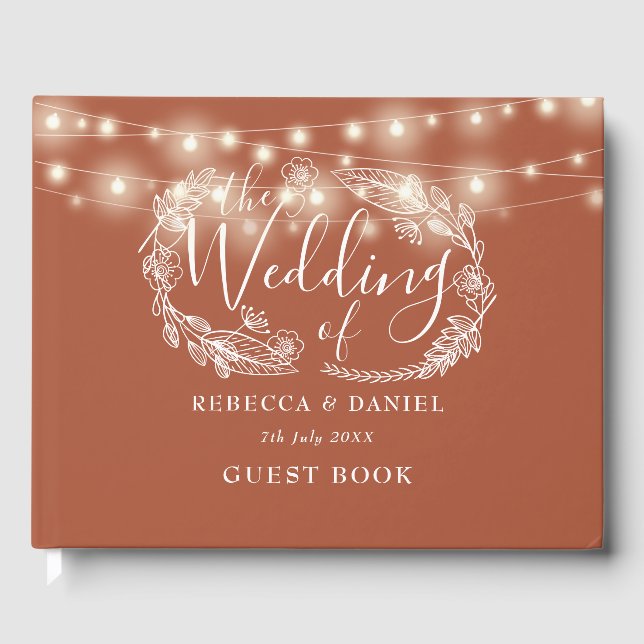 String Lights Floral Terracotta Wedding Guest Book (Front)