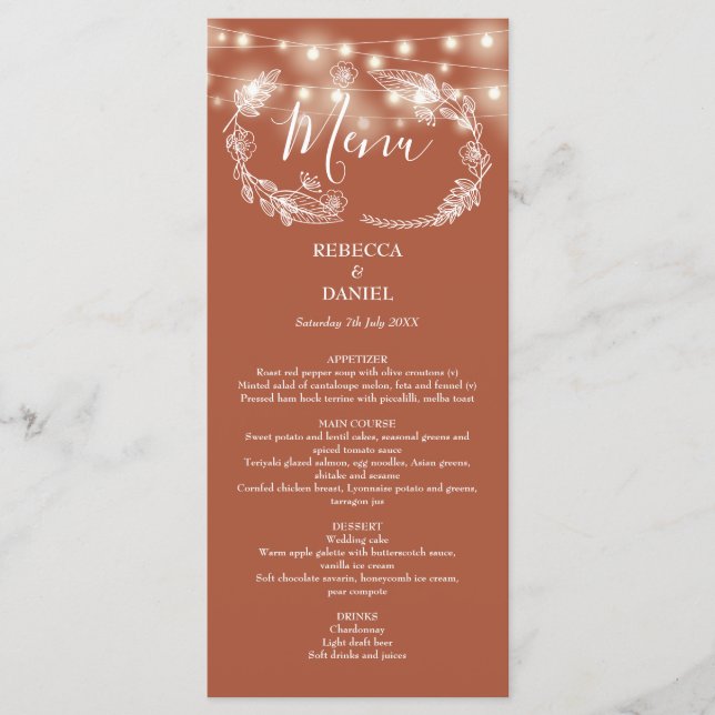 String Lights Floral Terracotta Wedding Menu (Front)