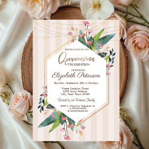 String Lights Floral Wood Stripes Quinceañera Invitation