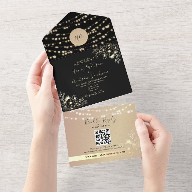 String Lights Gold and Black Monogram Wedding All In One Invitation (Tearaway)