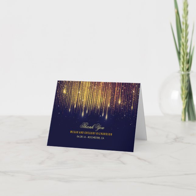 String Lights Gold and Navy Wedding Thank You Card (Front)