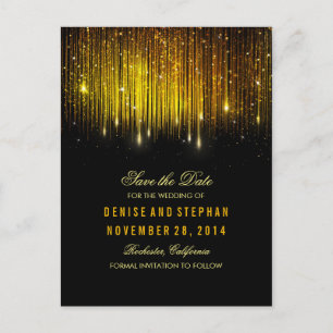 string lights gold confetti black save the date announcement postcard