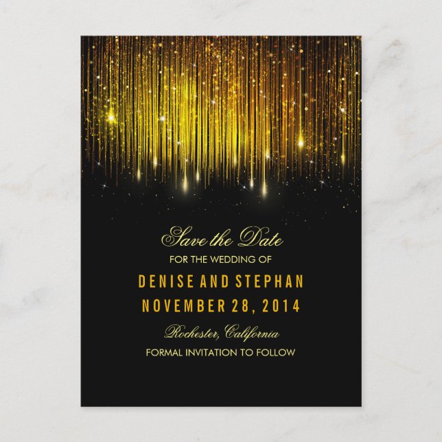 string lights gold confetti black save the date announcement postcard (Front)