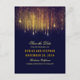 string lights gold confetti navy save the date announcement postcard