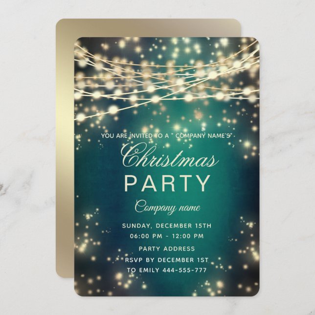 string lights gold corporate Christmas party green Invitation (Front/Back)