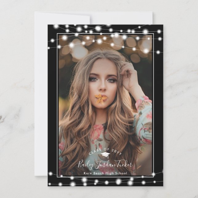 String Lights Grad Cap Modern Photo Graduation Announcement (Front)