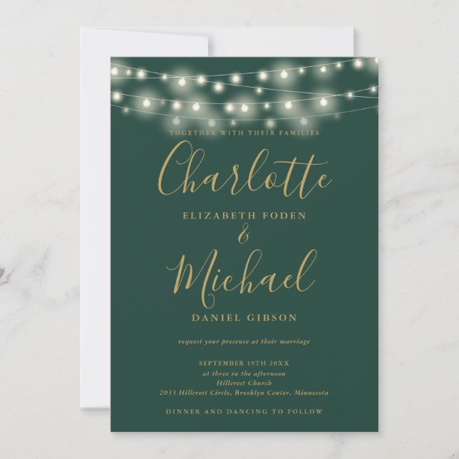 String Lights Green And Gold All In One Wedding Invitation (Front)