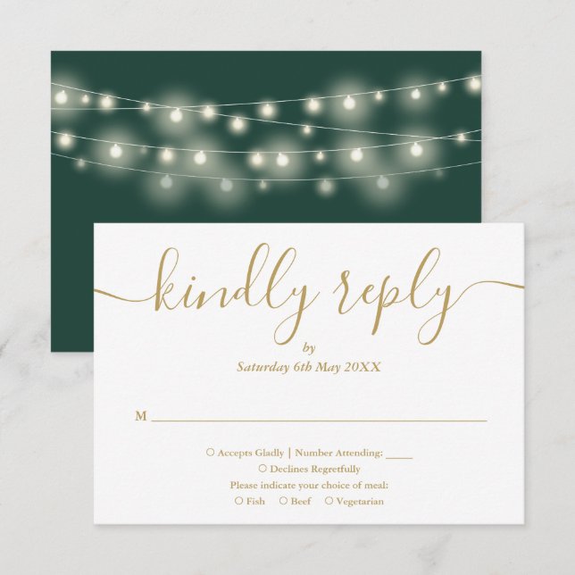 String Lights Green And Gold Script Meal Choice RSVP Card (Front/Back)