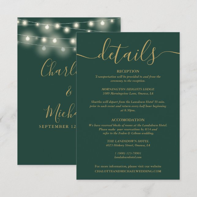 String Lights Green And Gold Wedding Details Enclosure Card (Front/Back)