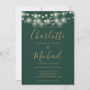 String Lights Green Gold Elegant Script Wedding  Invitation
