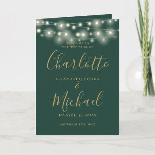 String Lights Green Gold Elegant Script Wedding Programme