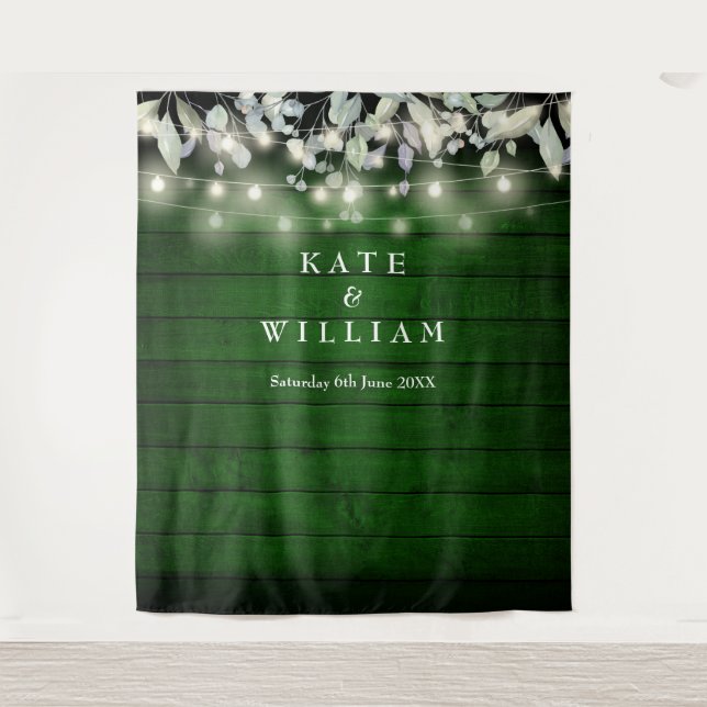 String Lights Green Wood Wedding Photo Backdrop Tapestry (Front)