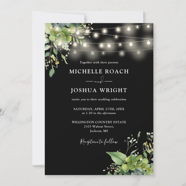 String Lights Greenery Black And White Wedding Invitation (Front)