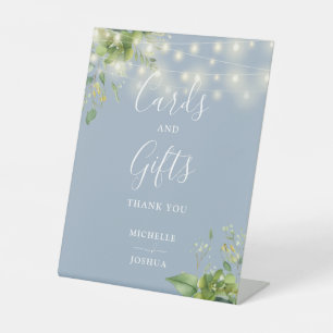 String Lights Greenery Dusty Blue Cards And Gifts Pedestal Sign