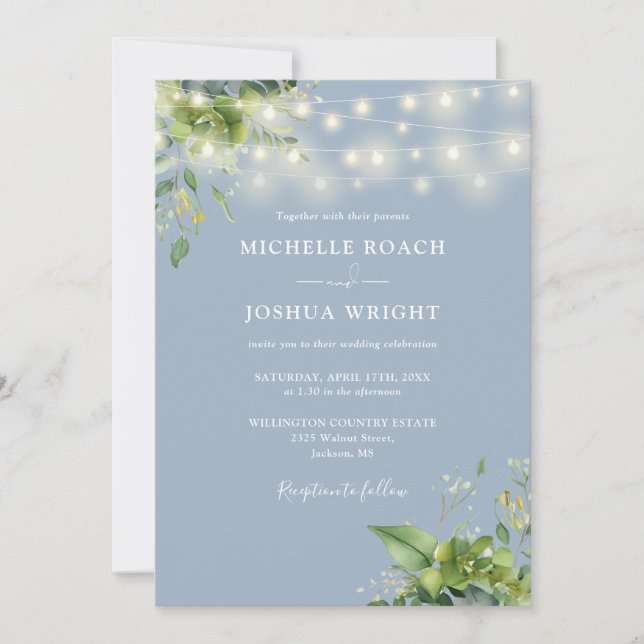 String Lights Greenery Dusty Blue Monogram Wedding Invitation (Front)