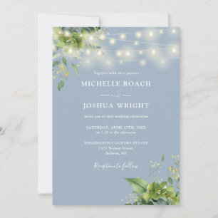 String Lights Greenery Dusty Blue QR Code Wedding Invitation