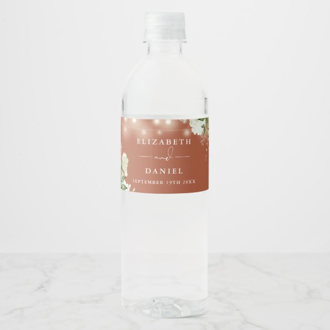 String Lights Greenery Floral Terracotta Wedding Water Bottle Label (Front)