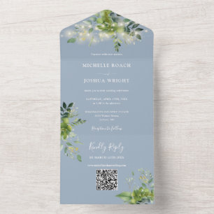String Lights Greenery QR Code Dusty Blue Wedding All In One Invitation