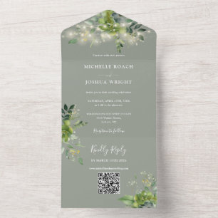 String Lights Greenery QR Code Sage Green Wedding All In One Invitation
