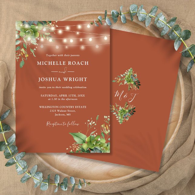 String Lights Greenery Terracotta Monogram Wedding Invitation (String Lights Greenery Terracotta Monogram Wedding Invitation)