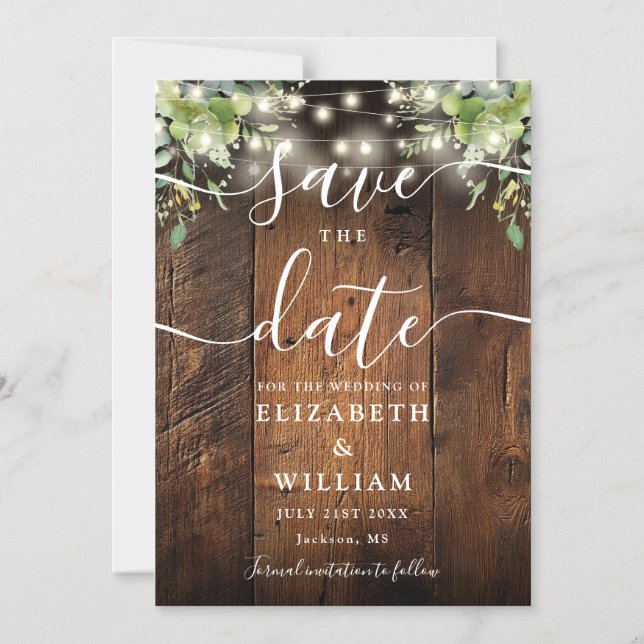 String Lights Greenery Wood Wedding Save The Date Magnetic Invitation (Front)