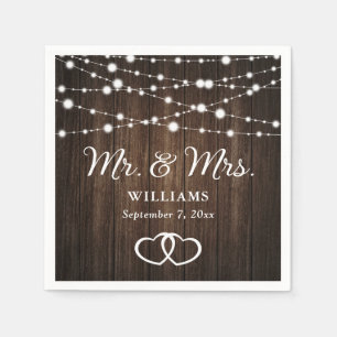 String Lights Hearts Rustic Wood Wedding Napkin