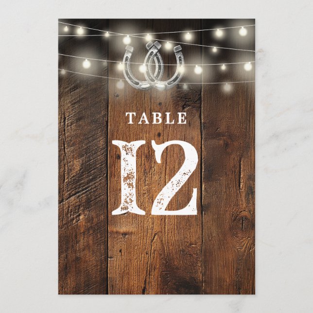 String Lights Horseshoes Barn Wood Table Number (Front)