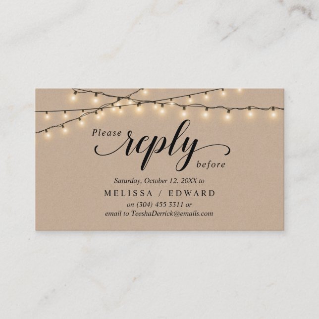 String Lights Kraft, Black Script, RSVP respond Enclosure Card (Front)