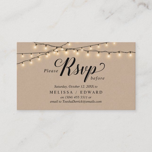 String Lights Kraft, Black Script, RSVP respond Enclosure Card (Front)