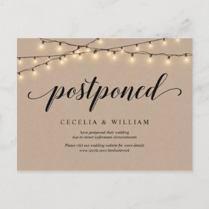 String Lights, Kraft, Wedding Invitation Postponed Postcard