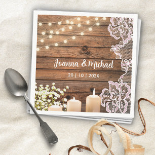 String Lights Lace Mr and Mrs Rustic Wood Wedding Napkin