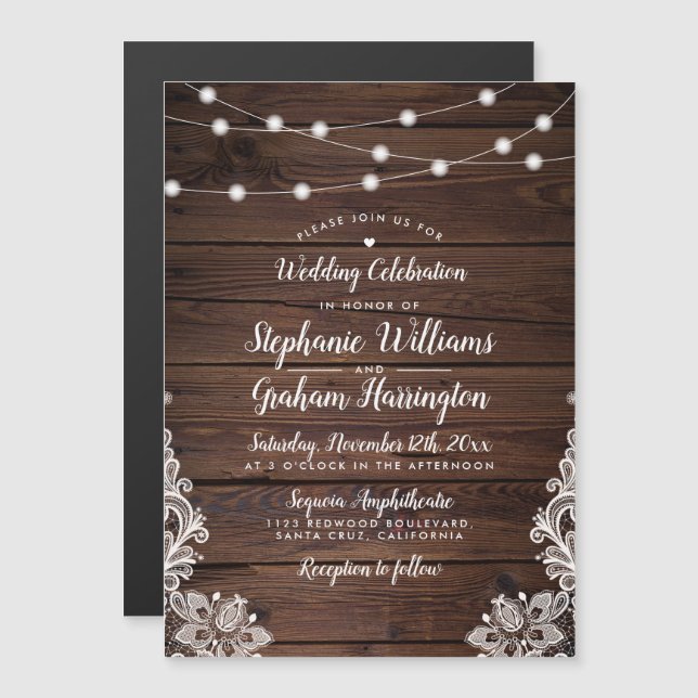 String Lights & Lace | Rustic Country Wedding Magnetic Invitation (Front/Back)