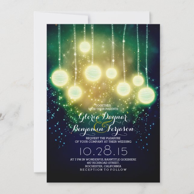 string lights & lanterns outdoor wedding invites (Front)