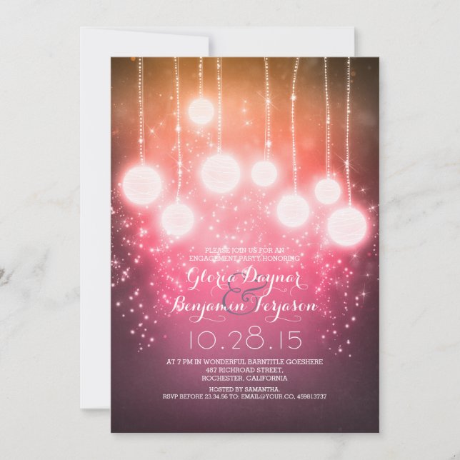 string lights & lanterns shimmer engagement party invitation (Front)