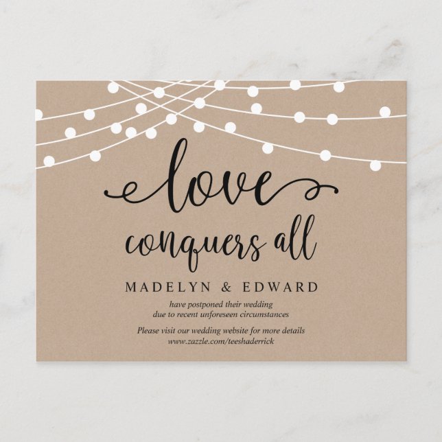 String lights, Love conquers all wedding postponed Postcard (Front)