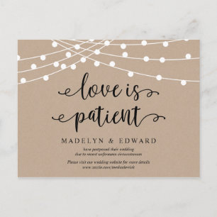 String lights, Love is patient, wedding postponed Postcard