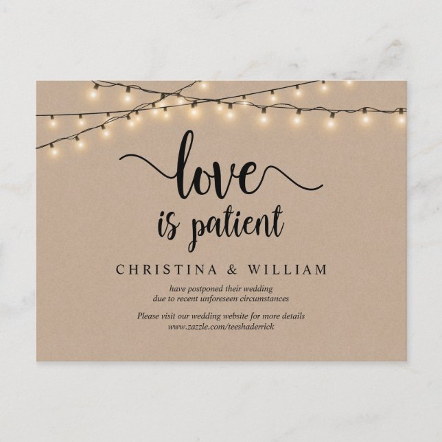 String Lights, Love is Patient, Wedding Postponed Postcard (Front)