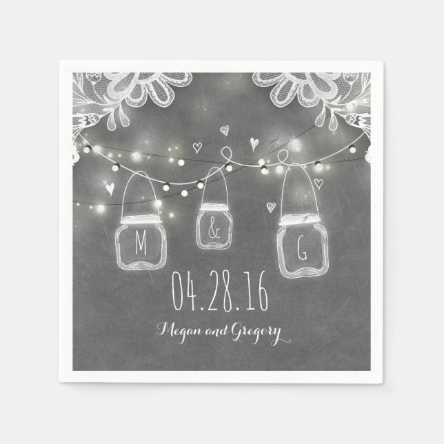 String Lights Mason Jar and Lace Rustic Wedding Napkin (Front)