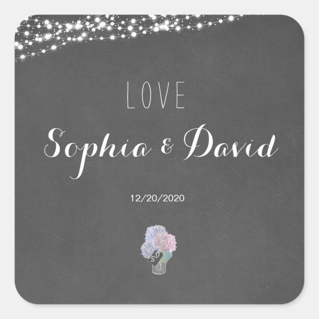 String Lights Mason Jar Chalkboard Wedding Square Sticker (Front)