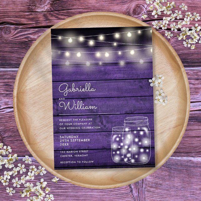 String Lights Mason Jar Rustic Purple Wood Wedding Invitation (String Lights Mason Jar Rustic Purple Wood Wedding Invitation)