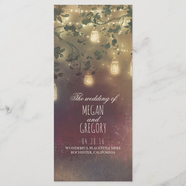 String Lights Mason Jar Rustic Wedding Programs Programme (Front)