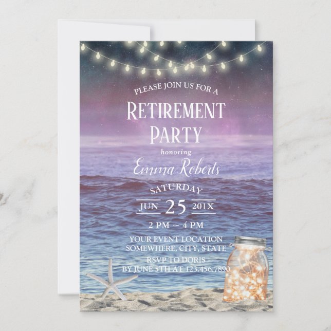 String Lights Mason Jar Starfish Beach Retirement Invitation (Front)