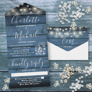 String Lights Mason Jars Blue Rustic Wood Wedding All In One Invitation